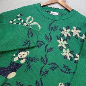Vintage Adele Knitwear Christmas Sweater Womens Medium Green Acrylic Teddy Bear
